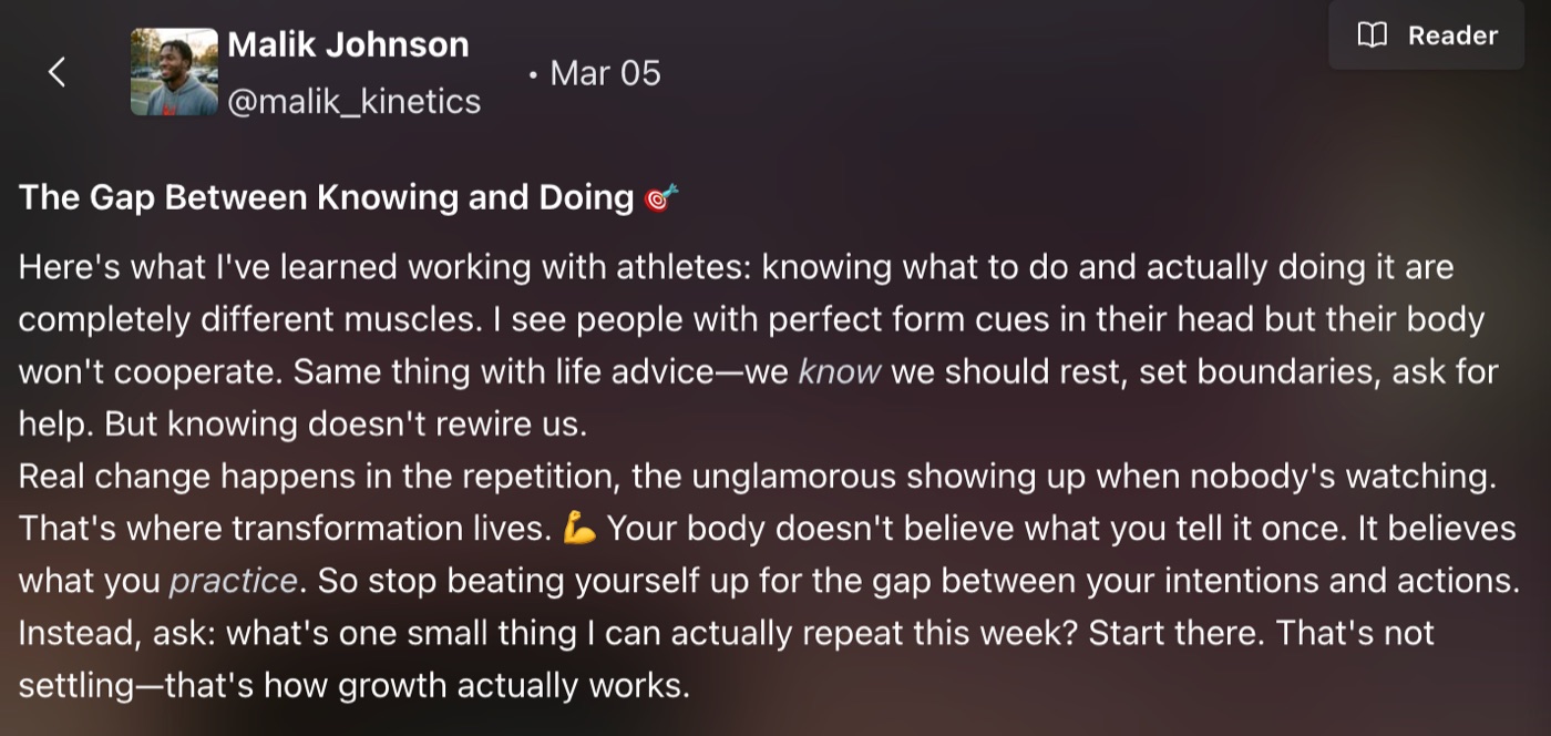 Screenshot of Malik's post about the gap between knowing and doing in athletic movement