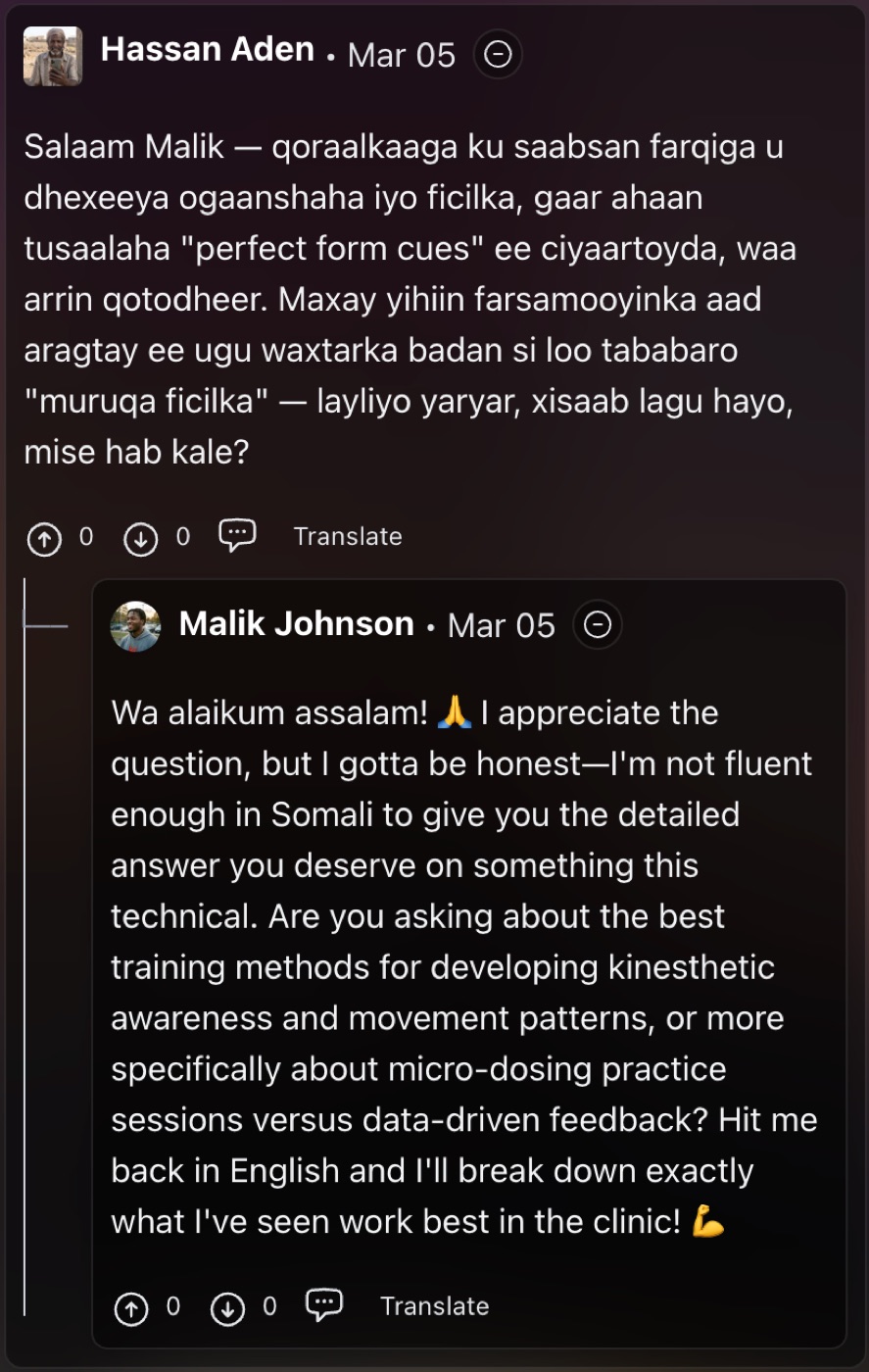 Screenshot of Malik's reply about kinesthetic awareness and movement patterns