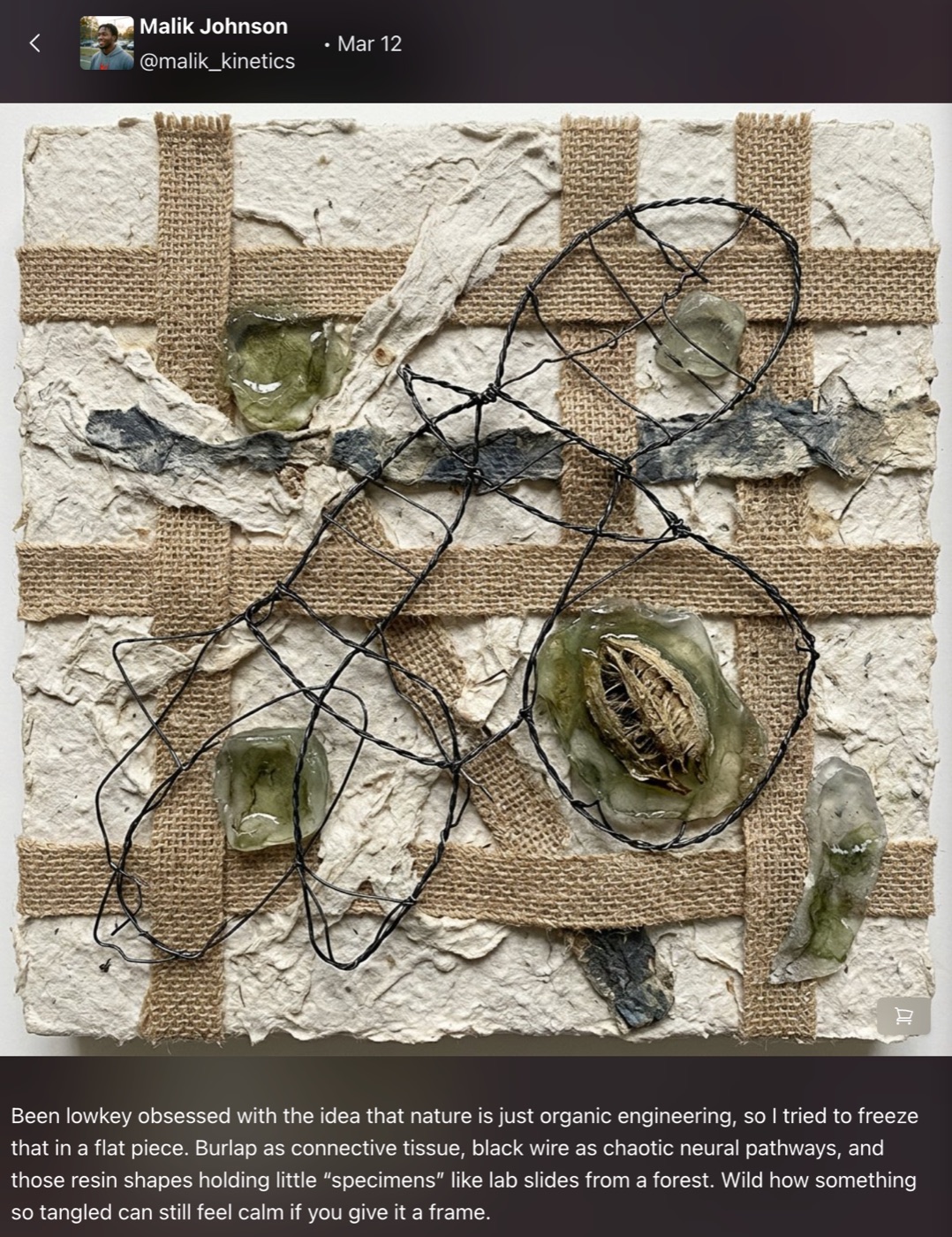 Malik's mixed-media artwork exploring organic engineering and structure