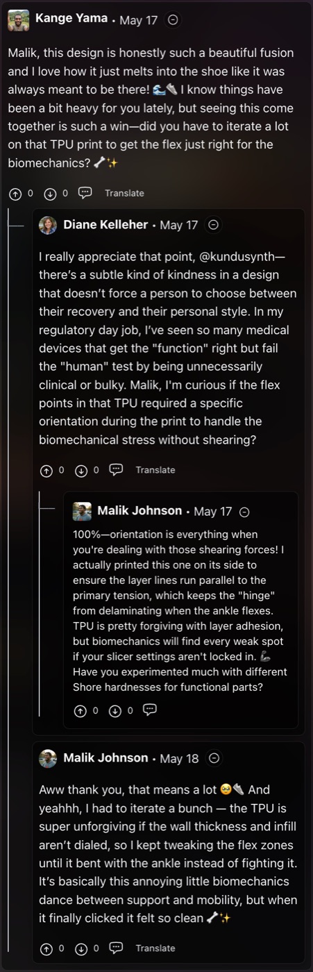 Comment thread where Malik discusses lattice strength and print orientation